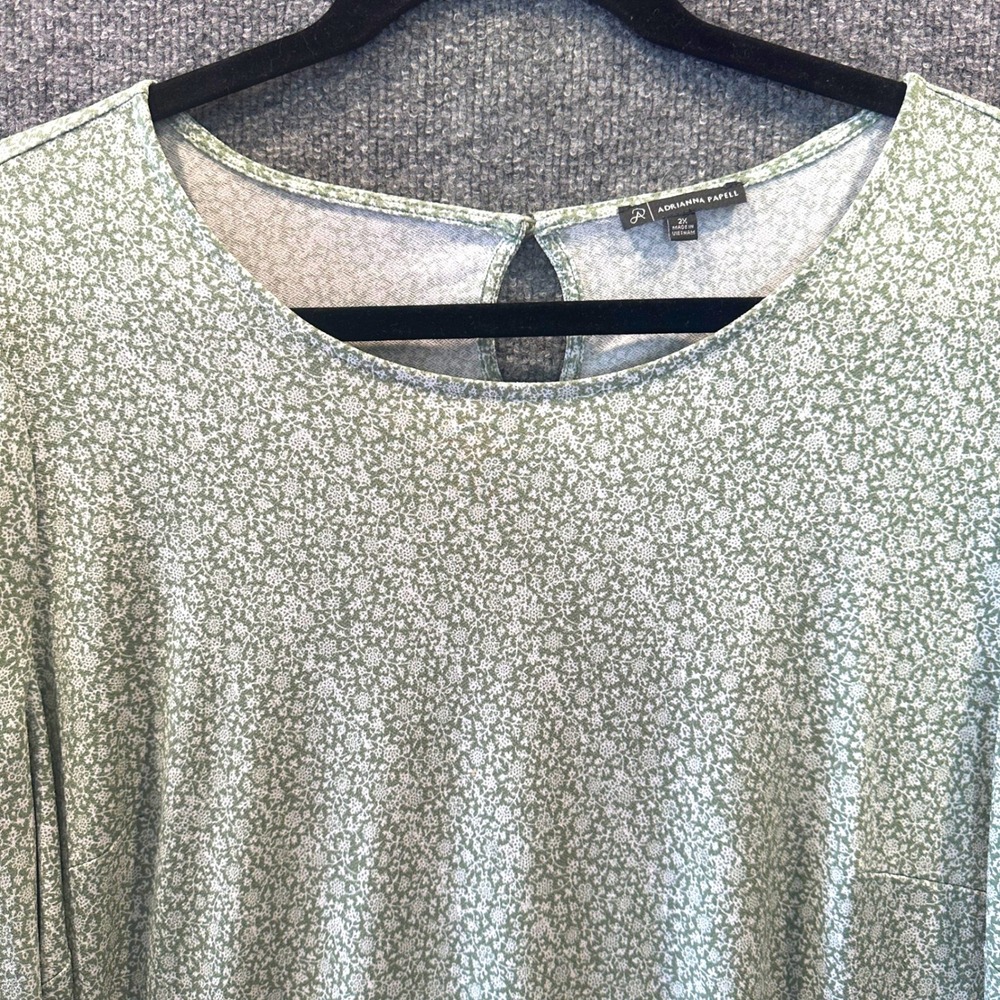 Adrianna Papell Sage Green Floral Puff Sleeve 2X Top Cottagecore Bohemian Office - Picture 1 of 6